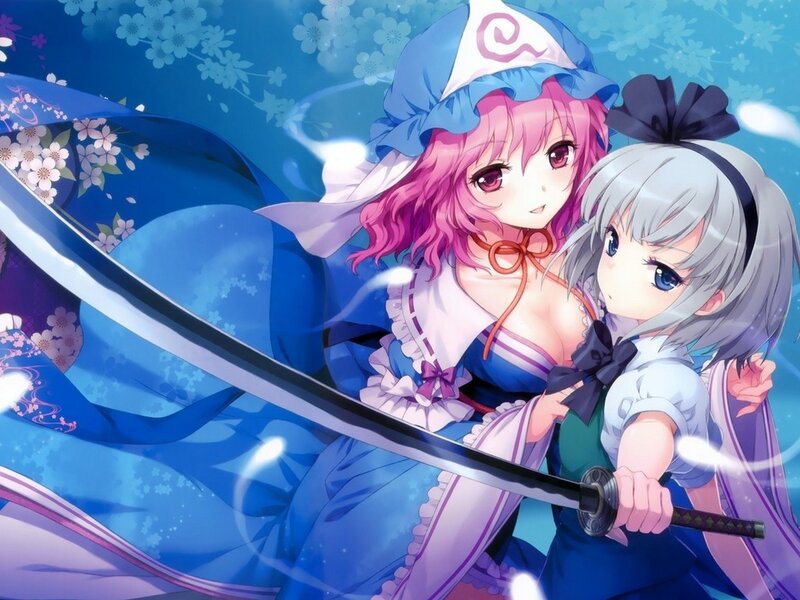 Two Girls with a Sword — Blue, Dramatic, Spring, Anime, Cherry Blossoms