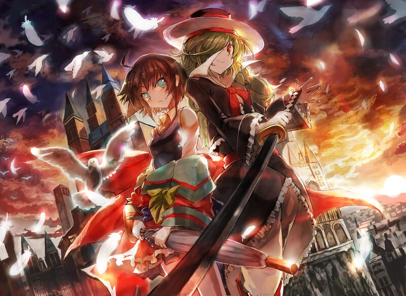 Two girls with a sword in a city