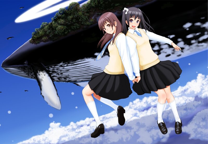Two girls with a whale