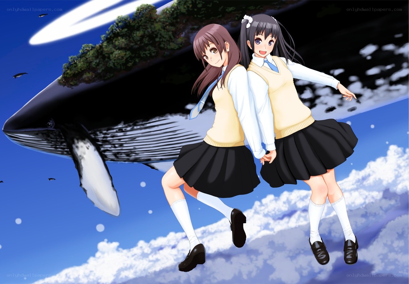 Two girls with a whale