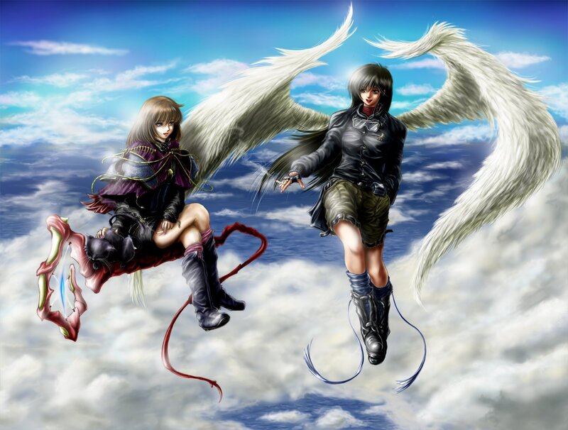 Two girls with angel wings in sky