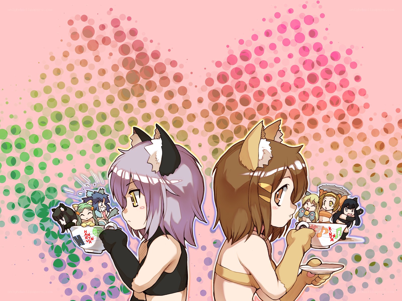 Two girls with animal ears drinking tea