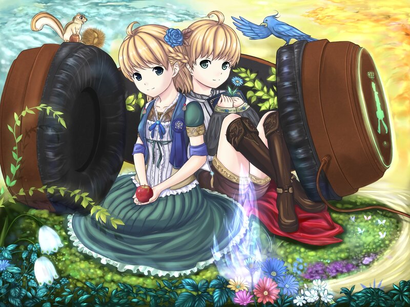 Two Girls with Animals — Green