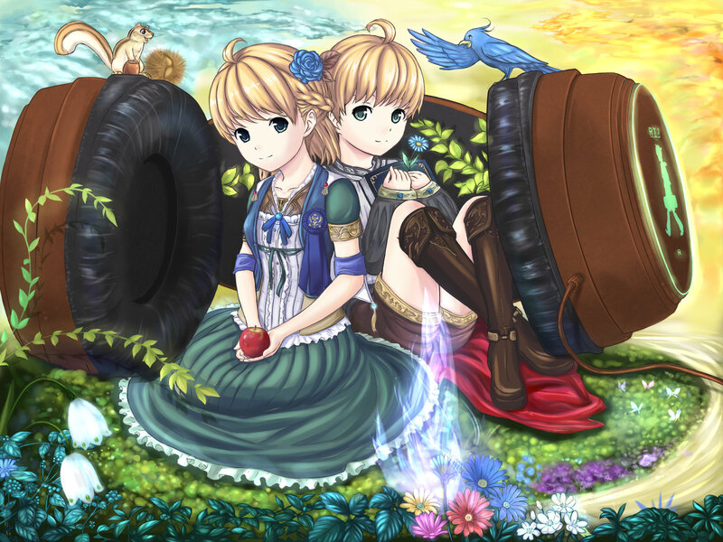 Two girls with apples and animals