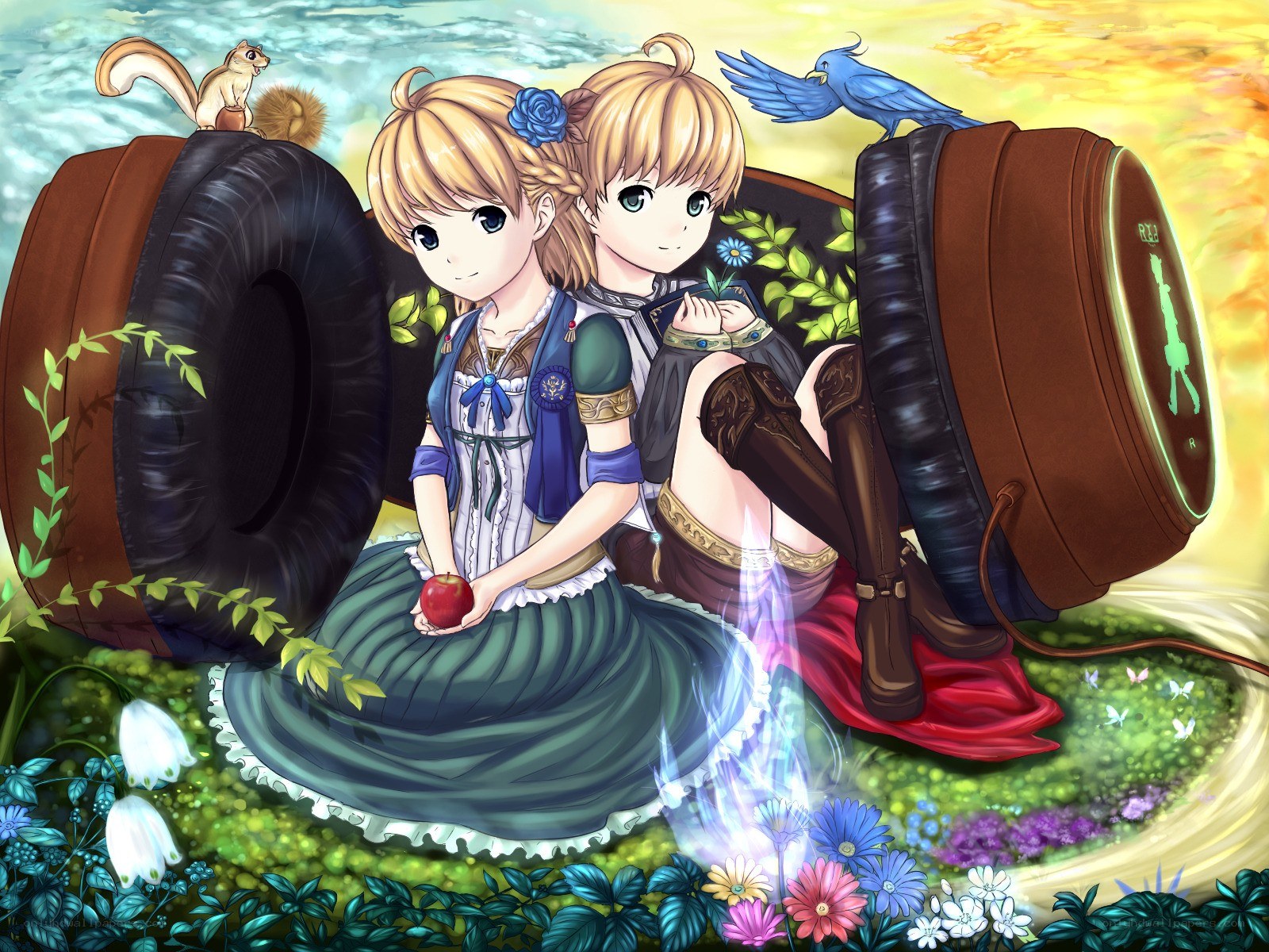 Two girls with apples and birds