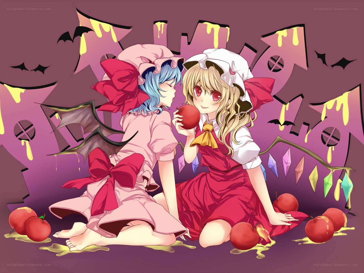 Two girls with apples in a spooky setting