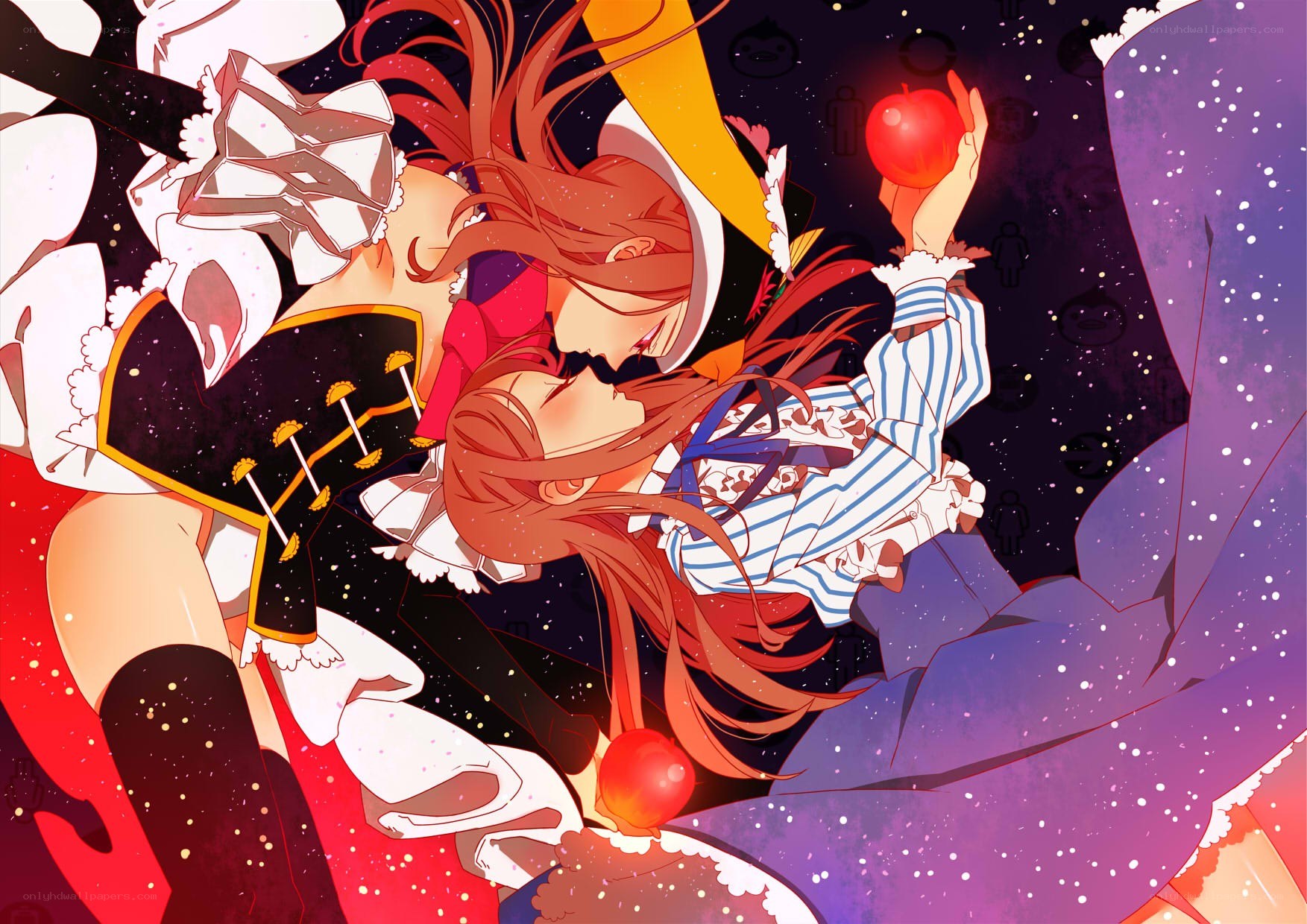 Two girls with apples in space