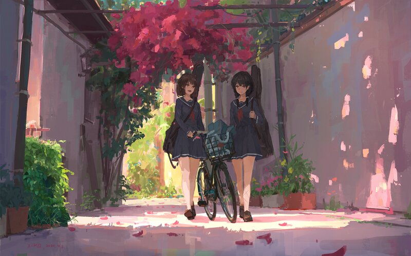Two Girls with Bicycle — Pink