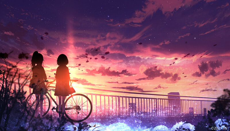 Two Girls with Bicycle — Purple