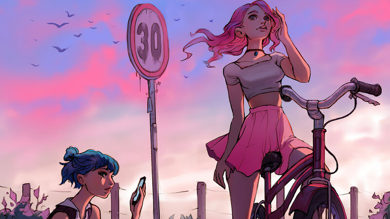 Two Girls with Bicycles — Pink