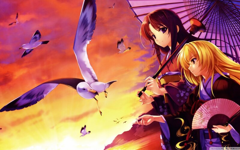 Two Girls with Birds — Orange