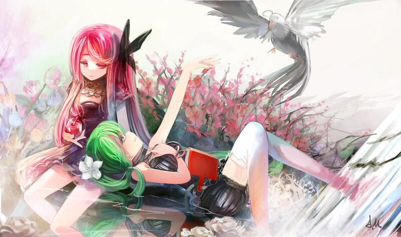 Two Girls with Birds — Pink, Serene