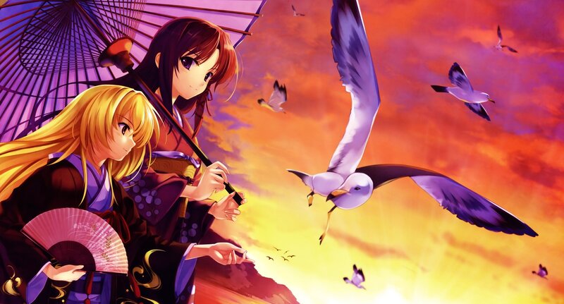 Two Girls with Birds — Purple, Dramatic