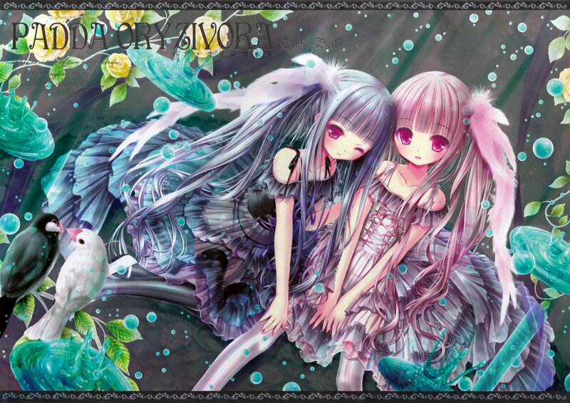 Two Girls with Birds — Purple, Dreamy