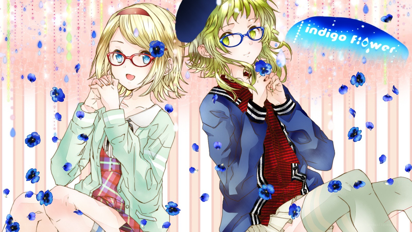 Two girls with blue flowers