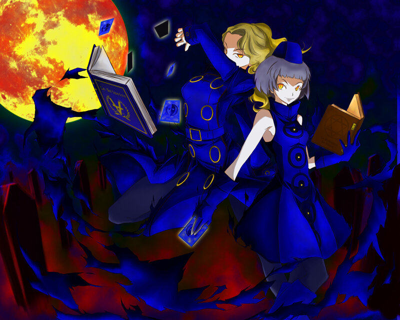 Two girls with books under a red moon