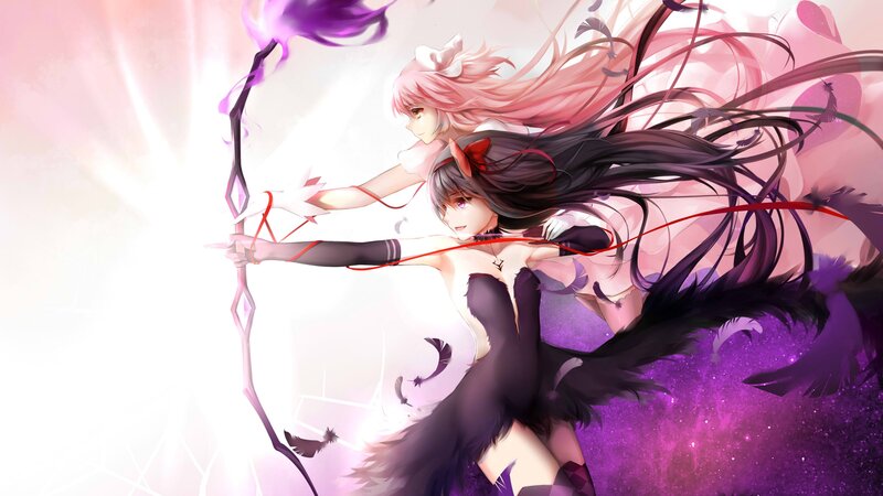 Two Girls with Bows — Purple, Dramatic, Anime, Feathers