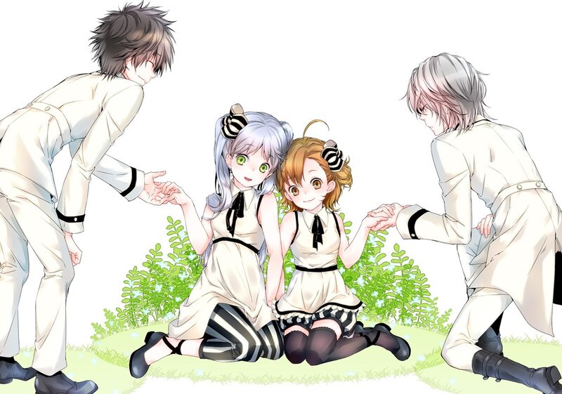 Two girls with boys in white suits