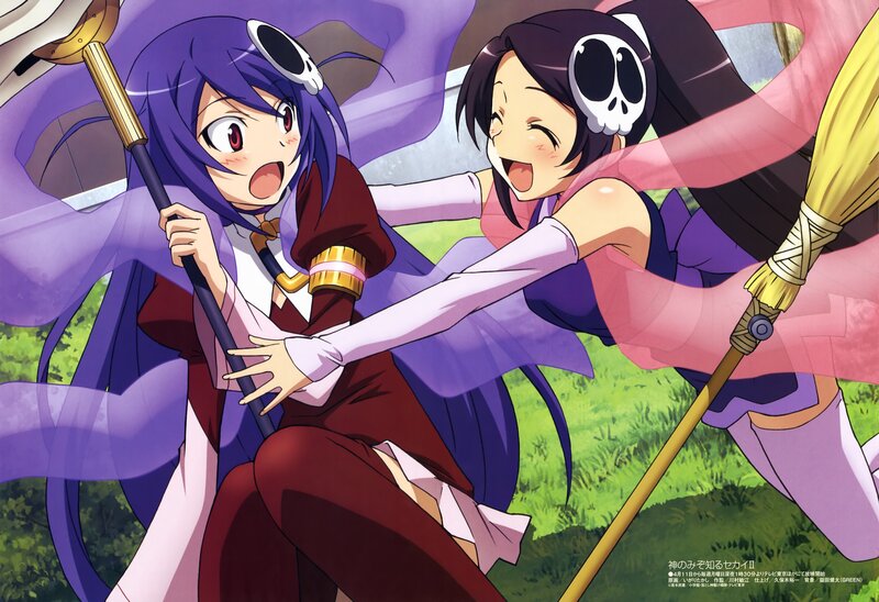 Two girls with brooms in a field