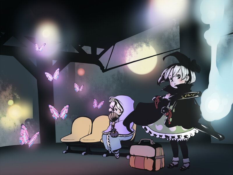 Two girls with butterflies at night