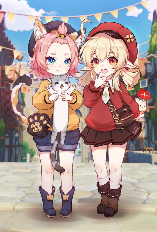 Two Girls with Cat — Blue