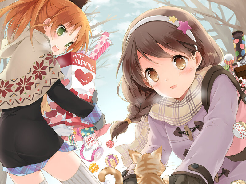 Two Girls with Cat — Brown, Cheerful