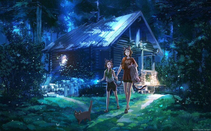 Two Girls with Cat Ears — Blue, Serene