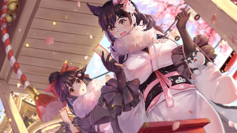 Two Girls with Cat Ears — Pink, Festive