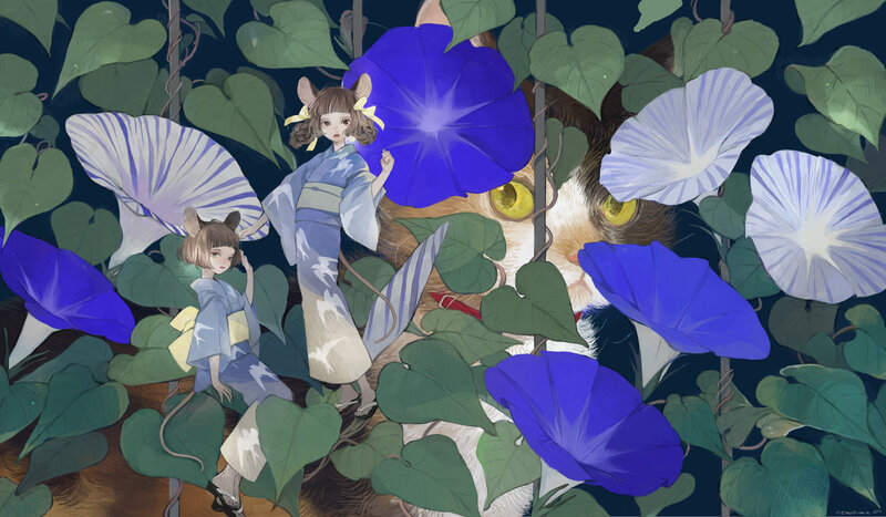 Two Girls with Cat in Garden