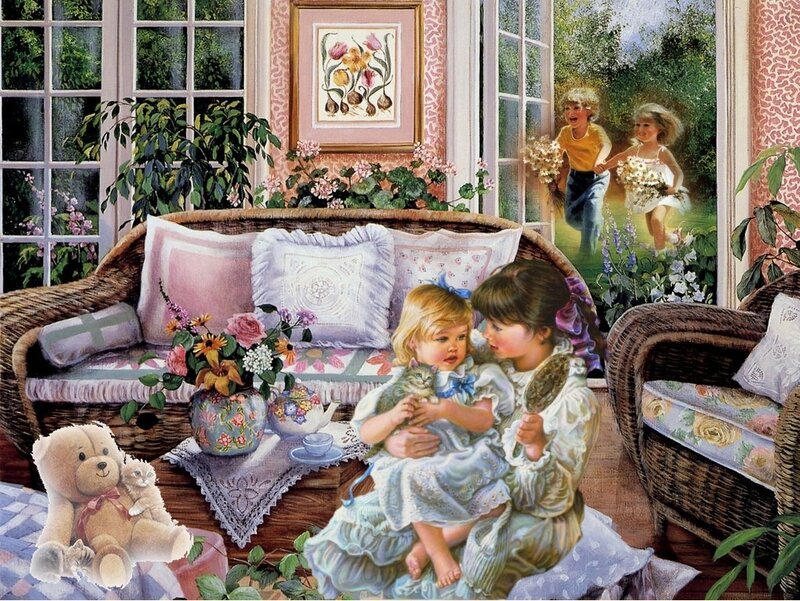 Two Girls with Cat — Pink