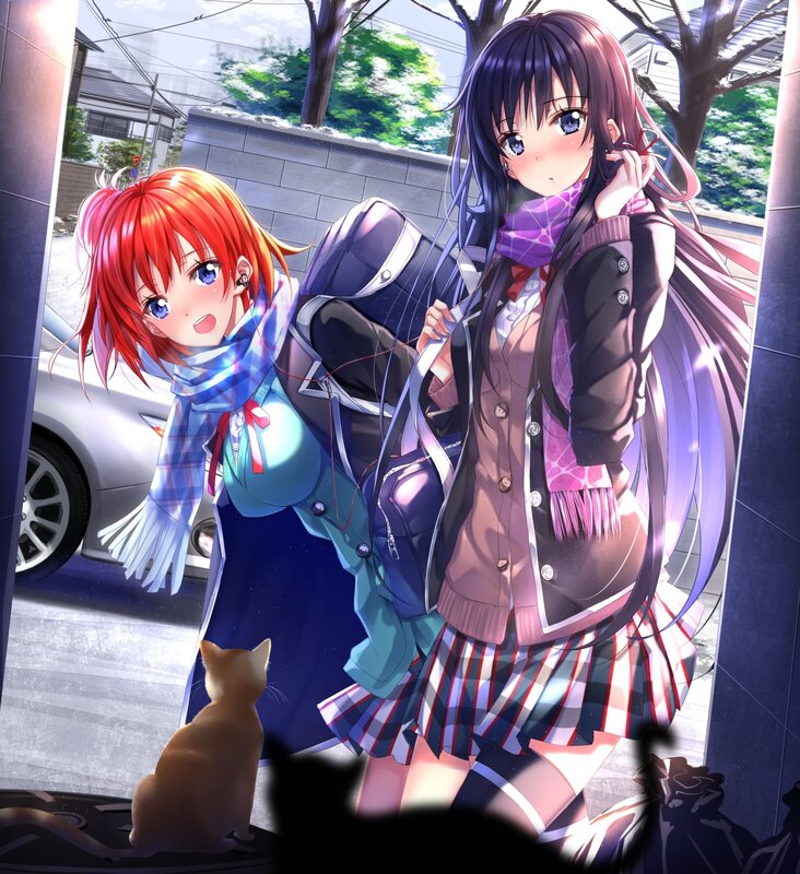 Two Girls with Cat — Purple