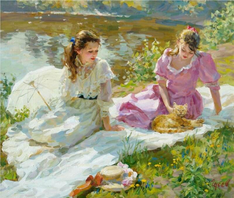 Two Girls with Cat — White, Serene, Afternoon