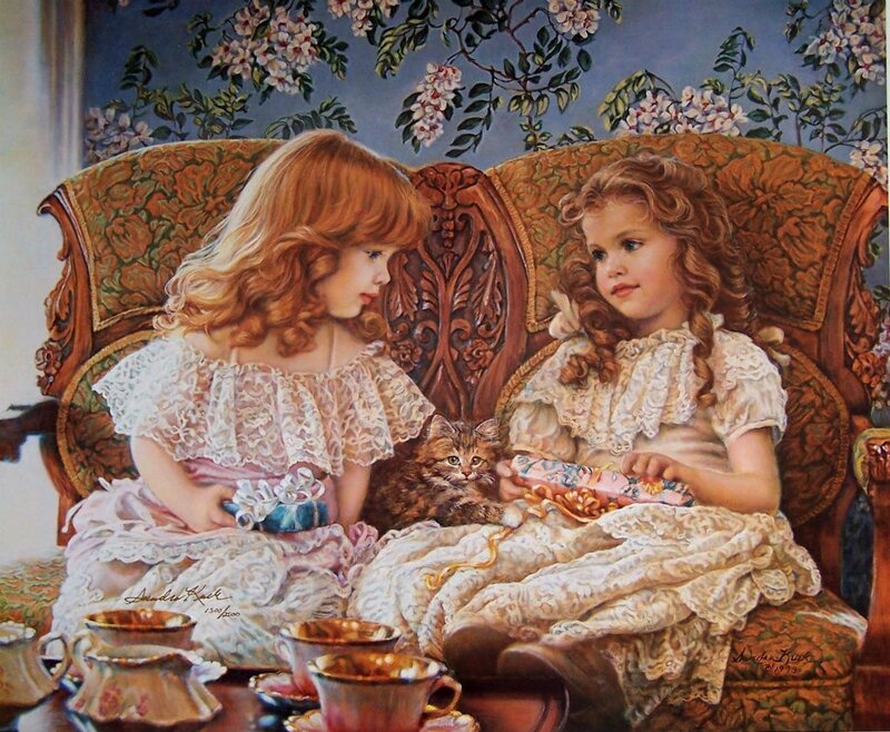 Two Girls with Cat — White, Serene, Painting