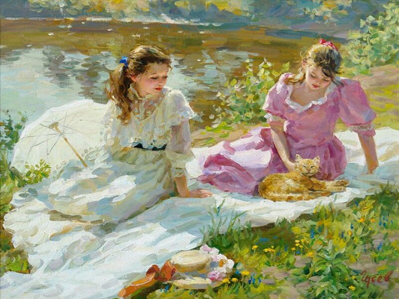 Two Girls with Cat — White, Serene