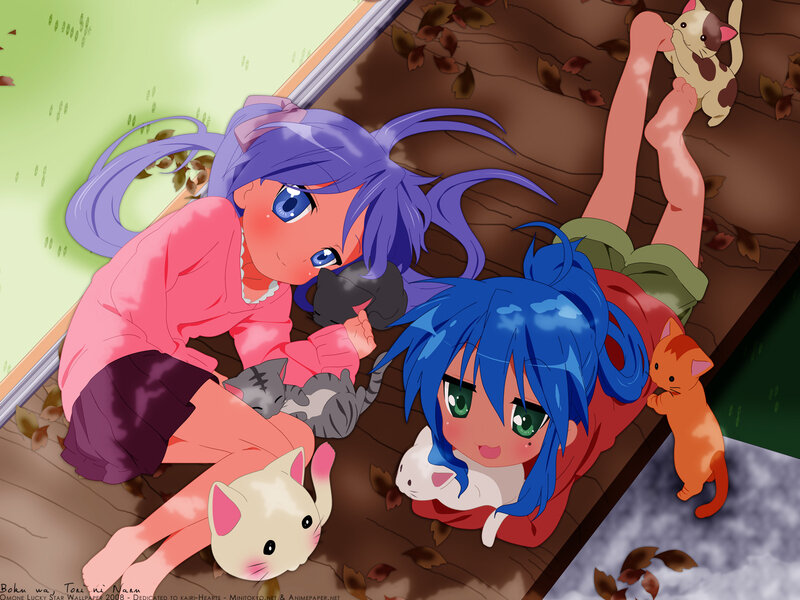 Two Girls with Cats — Blue, Playful