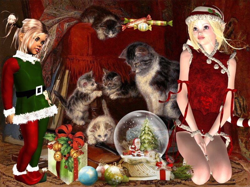 Two Girls with Cats — Red