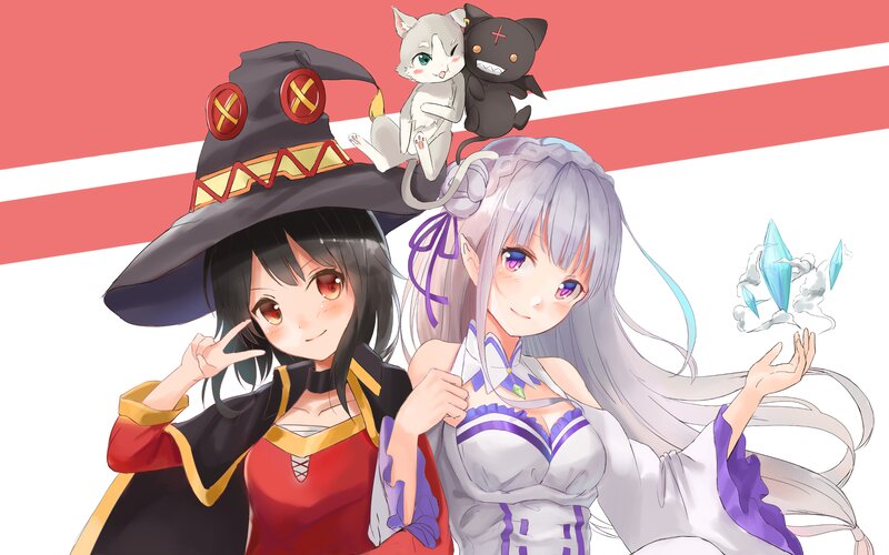 Two Girls with Cats — White, Playful