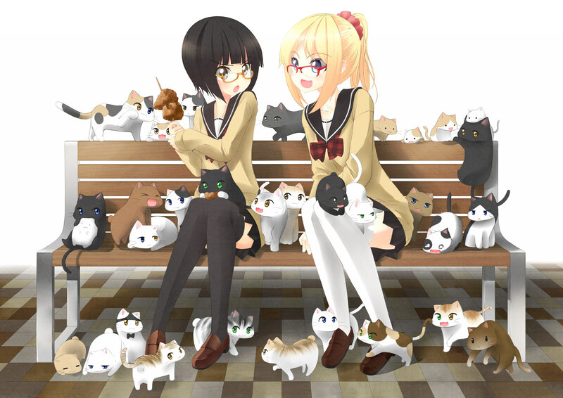 Two Girls with Cats — White