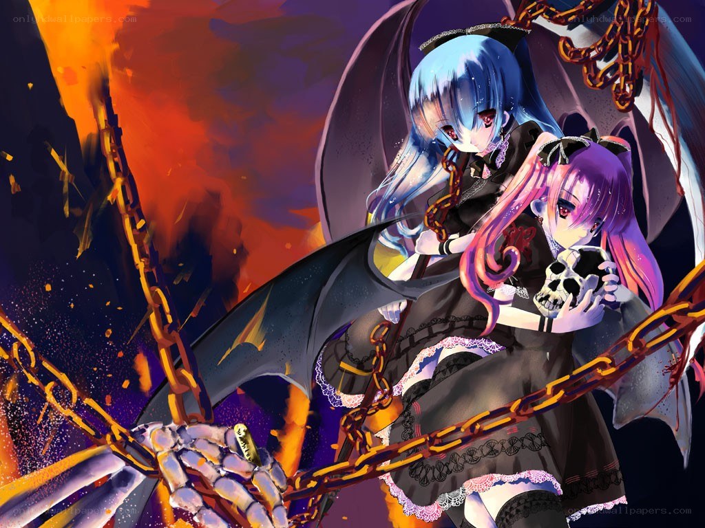 Two girls with chains and skulls