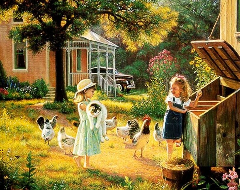 Two Girls with Chickens