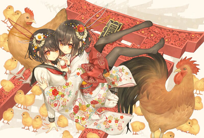 Two Girls with Chickens — White