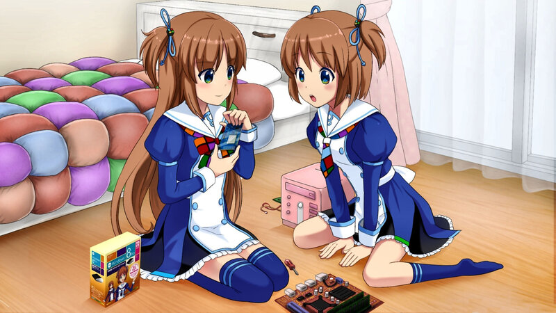 Two Girls with Computer Parts — Blue, Curious, Morning
