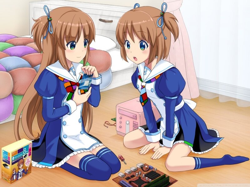 Two Girls with Computer Parts — Blue, Curious