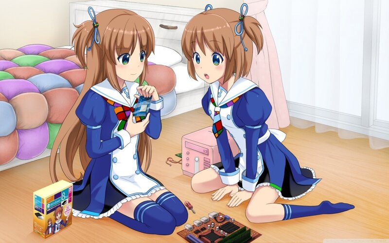 Two Girls with Computer Parts — Blue
