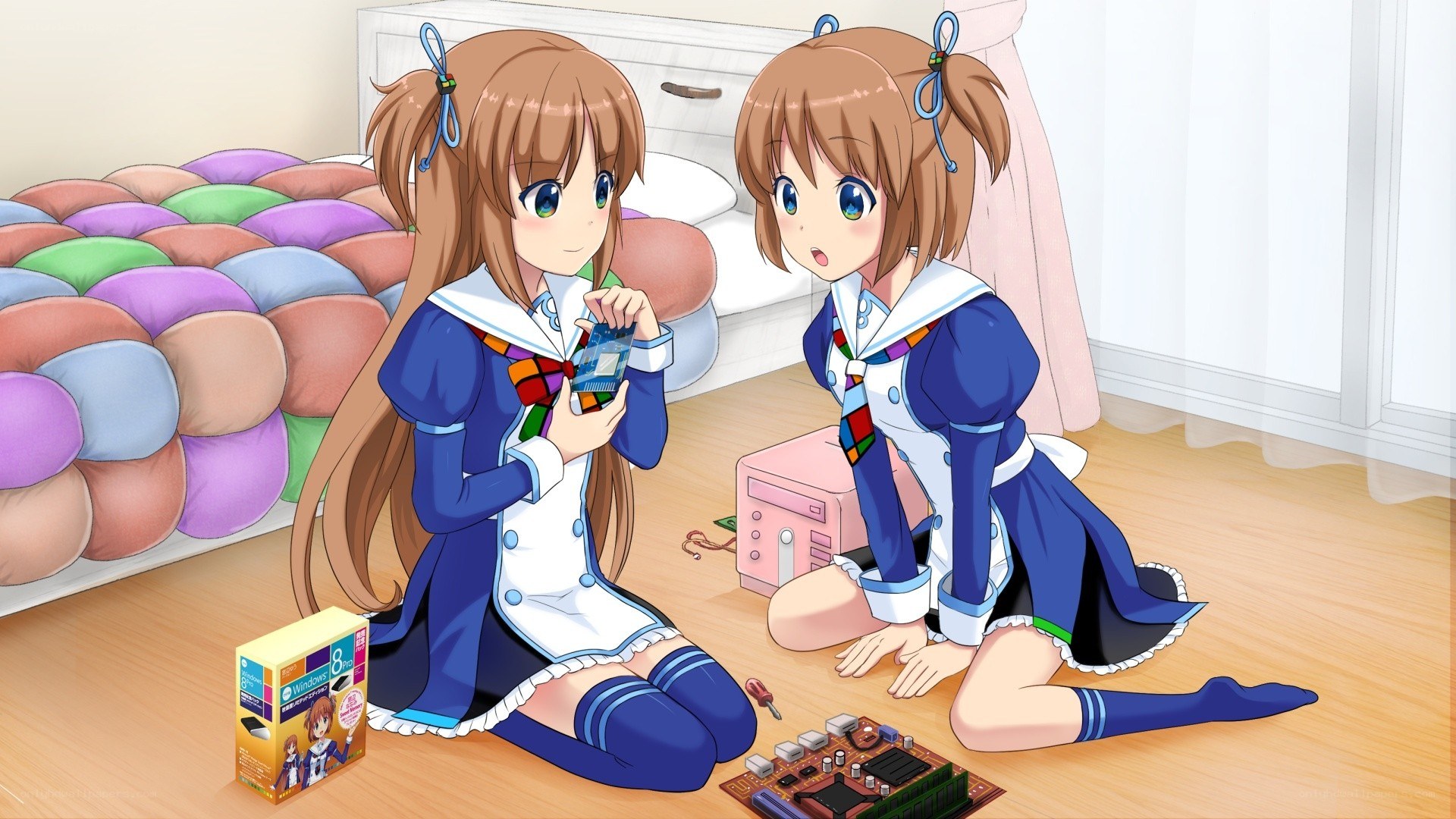 Two girls with computer parts