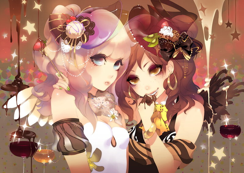 Two girls with desserts and wine