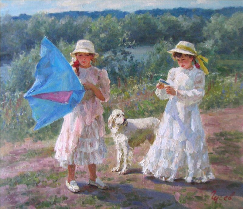 Two Girls with Dog — Blue