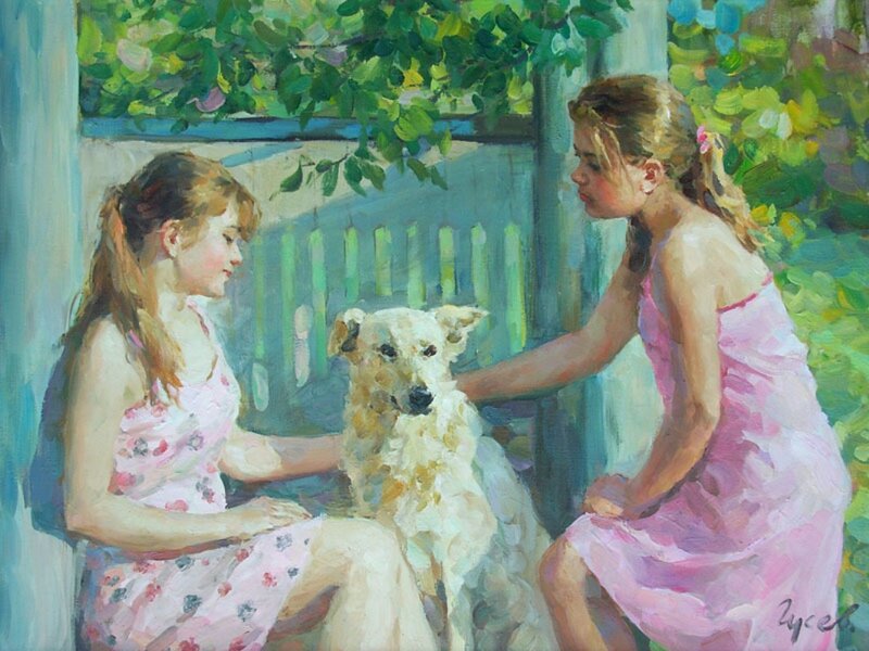 Two Girls with Dog — Pink