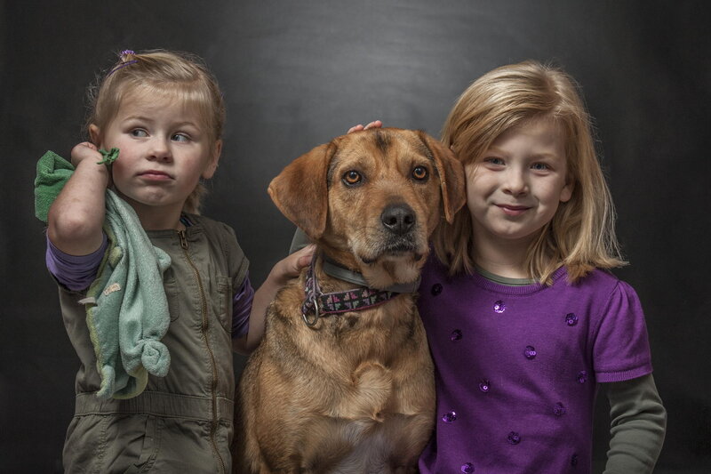 Two Girls with Dog — Purple