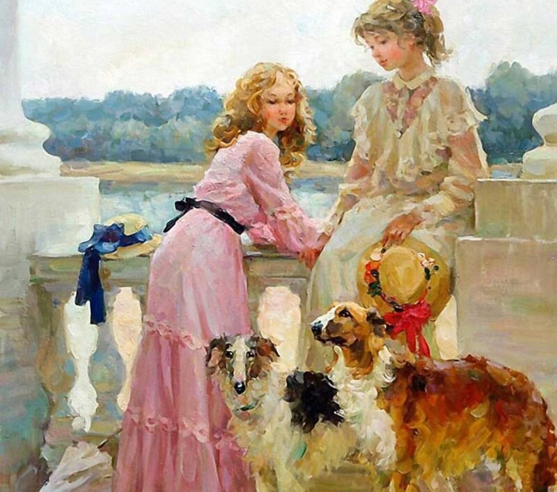 Two Girls with Dogs — Pink